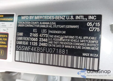 2015 Mercedes-Benz C 300 4Matic/Luxury 4Matic/Sport 4Matic from USA, damaged, VIN 55SWF4KB5FU071881